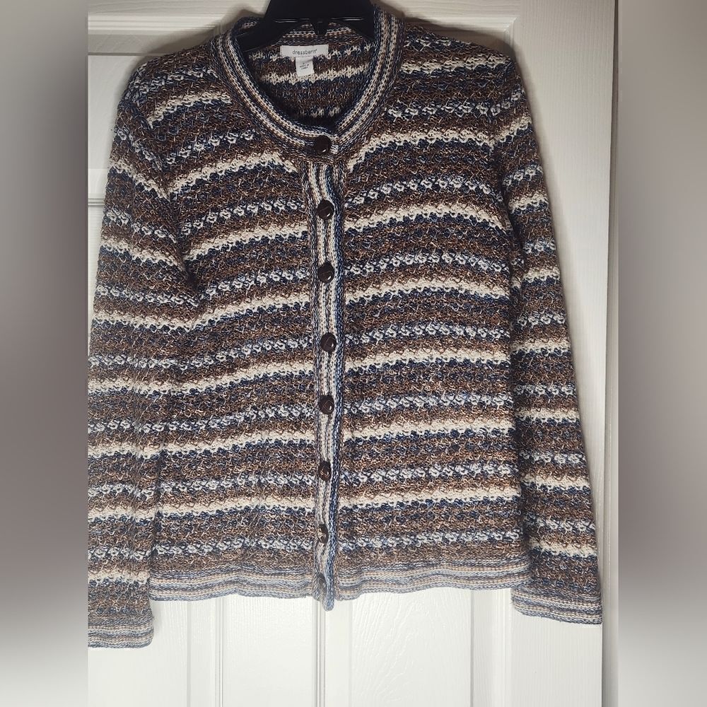 Dressbarn L Women's Brown/Blue/White Silk Cardigan w/Brown Shank Buttons